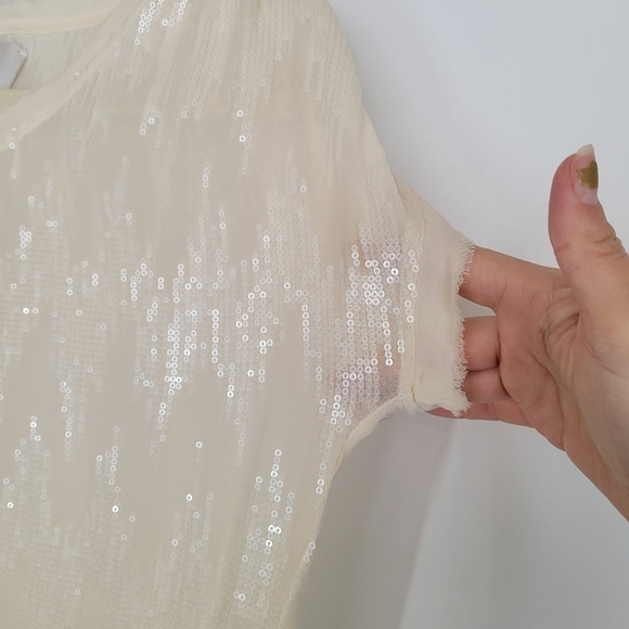 Brochu Walker Sheer Silk Chevron Sequins Pattern Blouse Small Shimmer Beige - Picture 5 of 15